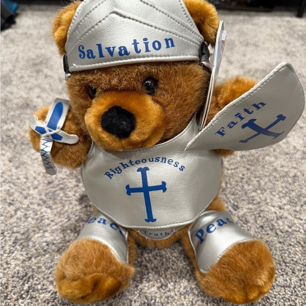 NWT vintage Sir Andrew the Armor Bear-er plush toy from the FaithKidz collection